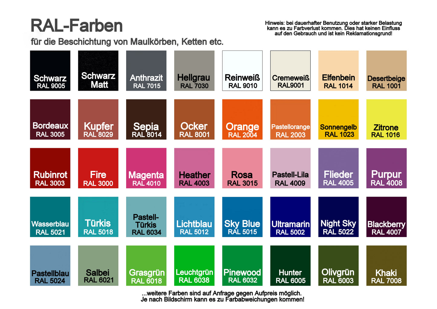 Pulverbeschichtung für Maulkörbe in Standard-Farben